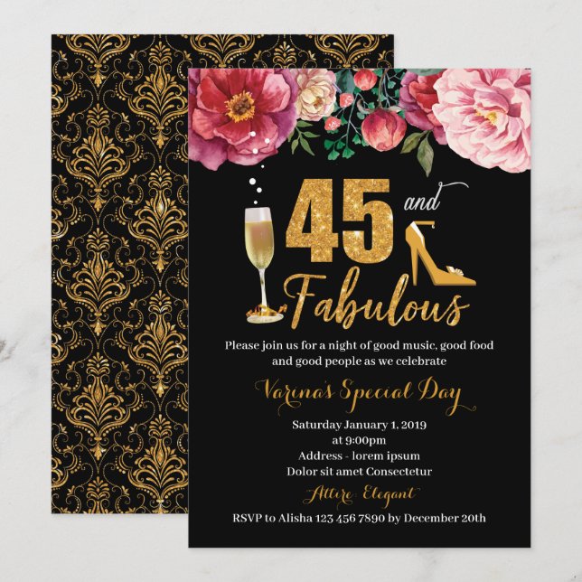 45th Birthday Invitation for Women (Front/Back)