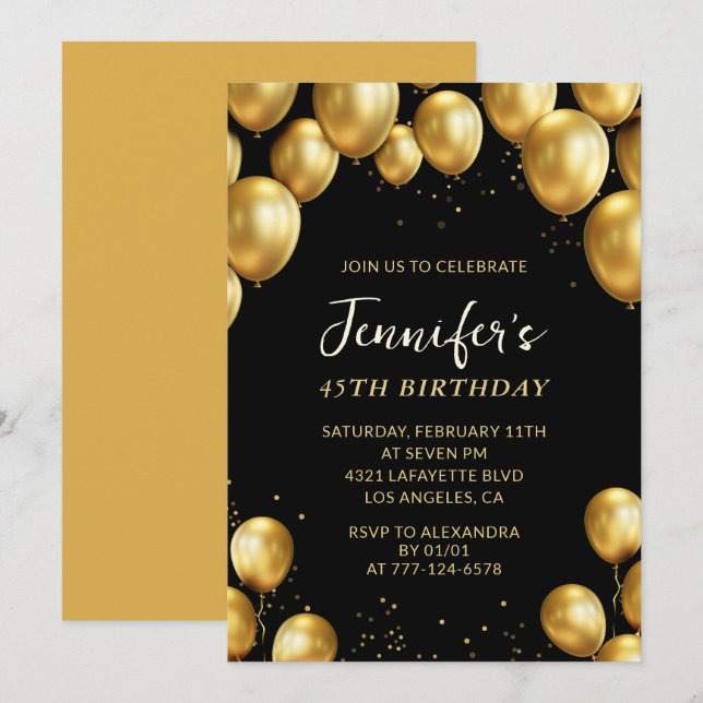 45th birthday invitations Balloons Gold Confetti (Front/Back)