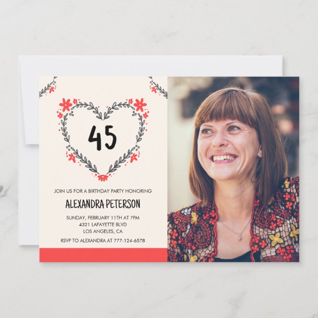 45th birthday invitations floral heart (Front)
