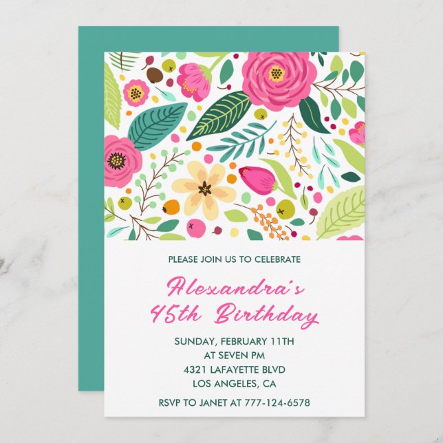 45th birthday invitations Flowers Simple Colourful (Front/Back)