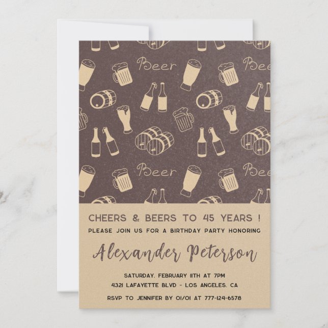 45th birthday invitations Men Beer Pattern Rustic (Front)