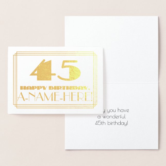 45th Birthday; Name + Art Deco Inspired Look "45" Foil Card (Display)