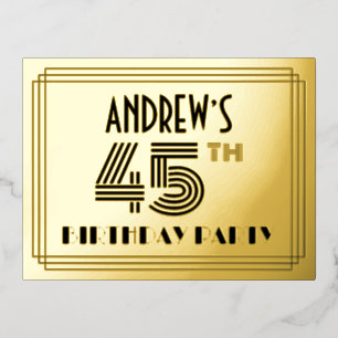 45th Birthday Party ~ Art Deco Style “45” + Name Foil Invitation Postcard