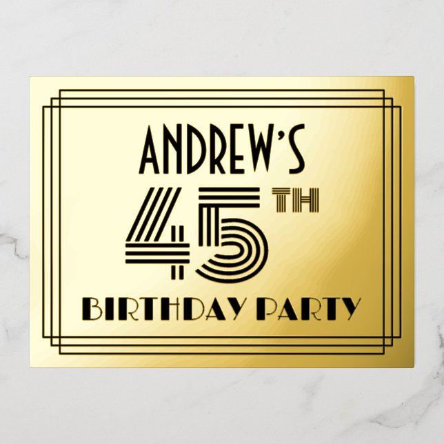 45th Birthday Party ~ Art Deco Style “45” + Name Foil Invitation Postcard (Front)