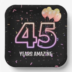 45th Birthday Party Balloons and Confetti Paper Plate