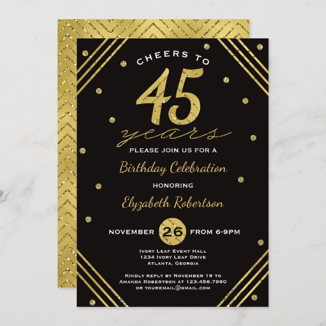 45th Birthday Party Invitation, Cheers, Faux Gold Invitation (Front/Back)