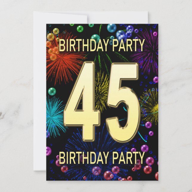 45th Birthday Party Invitation Fireworks Bubbles (Front)