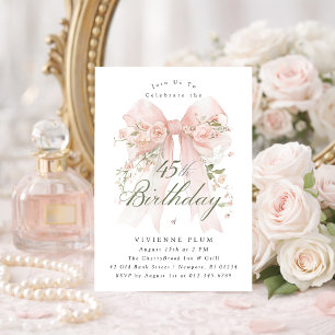 45th Birthday Party Pink Coquette Bow Rose Floral Invitation