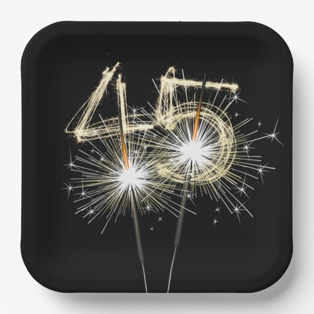 45th Birthday Party Sparklers on Black   Paper Plate (Front)