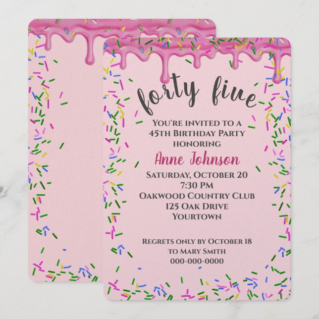 45th Birthday Pink Icing And Sprinkles Invitation (Front/Back)