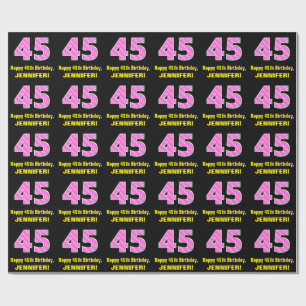 45th Birthday: Pink Stripes and Hearts "45" + Name Wrapping Paper