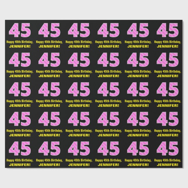 45th Birthday: Pink Stripes and Hearts "45" + Name Wrapping Paper (Flat)