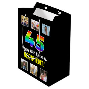45th Birthday: Rainbow “45“, Custom Photos & Name Medium Gift Bag