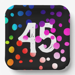 45th Birthday Rainbow Dots on Black  Paper Plate