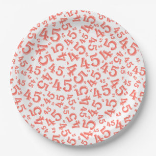 45th Birthday Random Number Pattern Coral/White Paper Plate