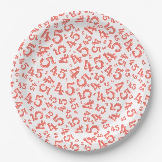 45th Birthday Random Number Pattern Coral/White Paper Plate (Front)