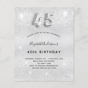 45th birthday silver glitter budget invitation