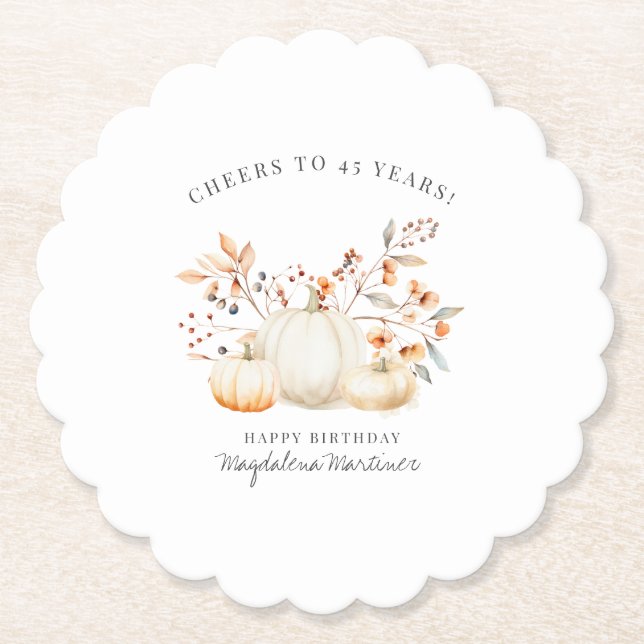 45th Birthday White Pumpkin Fall Leaves Custom Paper Coaster (Front)