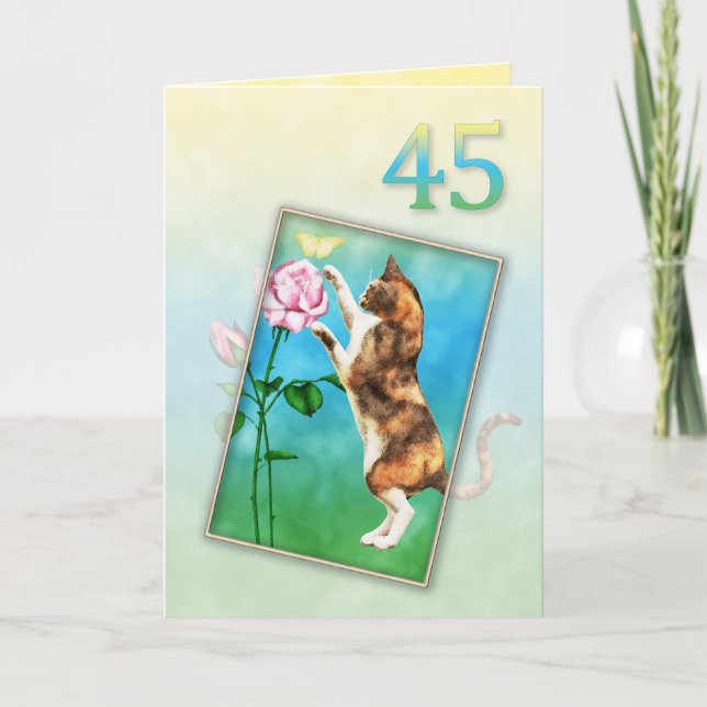 45th Birthday with a playful cat Card (Front)