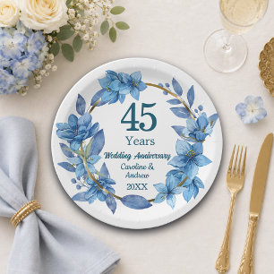 45th Blue Floral Sapphire Wedding Anniversary  Paper Plate