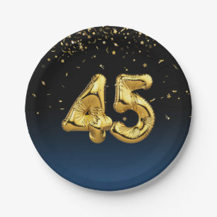 45th Party Balloons And Gold Confetti Paper Plate