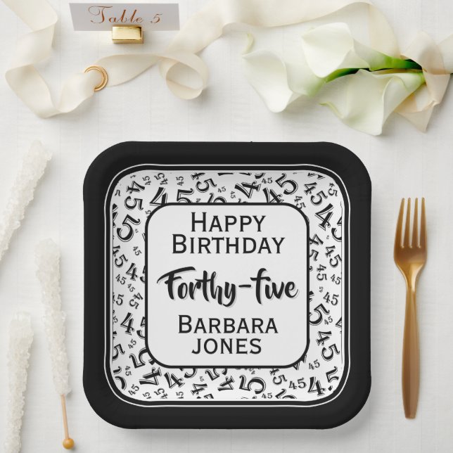 45th Party Random Number Pattern Black/White Paper Plate (Wedding)
