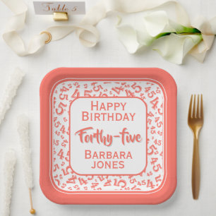 45th Party Random Number Pattern Coral/White Paper Plate
