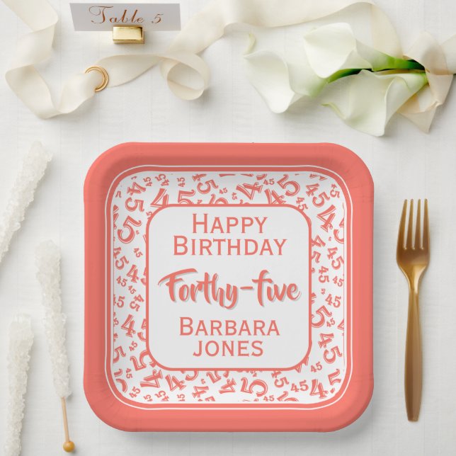 45th Party Random Number Pattern Coral/White Paper Plate (Wedding)