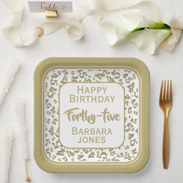 45th Party Random Number Pattern Gold/White Paper Plate (Wedding)