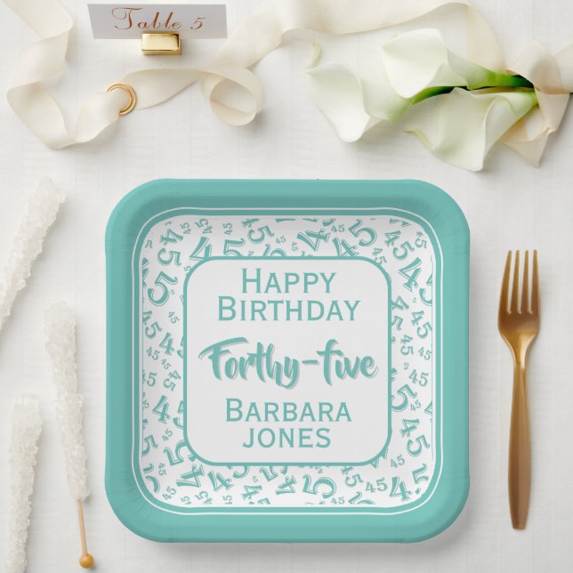 45th Party Random Number Pattern Teal/White Paper Plate (Wedding)