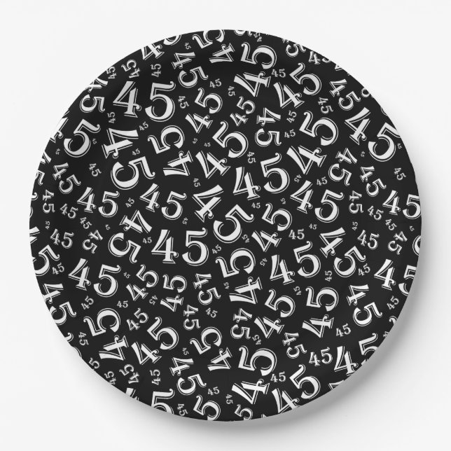 45th Random Number Pattern Black/White Paper Plate (Front)