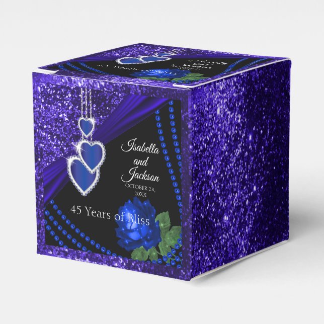 45th Sapphire Blue Glitter and Rose Anniversary Favor Box (Front Side)