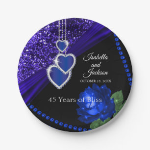 45th Sapphire Blue Glitter and Rose Anniversary Paper Plate
