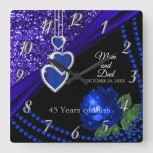 45th Sapphire Blue Glitter and Rose Anniversary Square Wall Clock