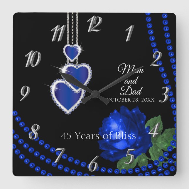 45th Sapphire Blue Rose Anniversary Square Wall Clock (Front)