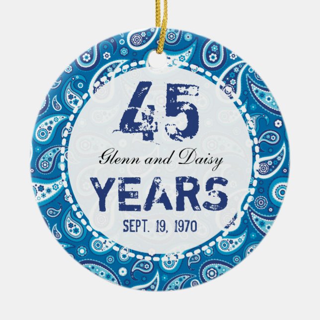 45th Sapphire Wedding Anniversary Paisley Monogram Ceramic Ornament (Front)