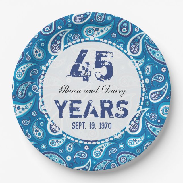 45th Sapphire Wedding Anniversary Paisley Pattern Paper Plate (Front)
