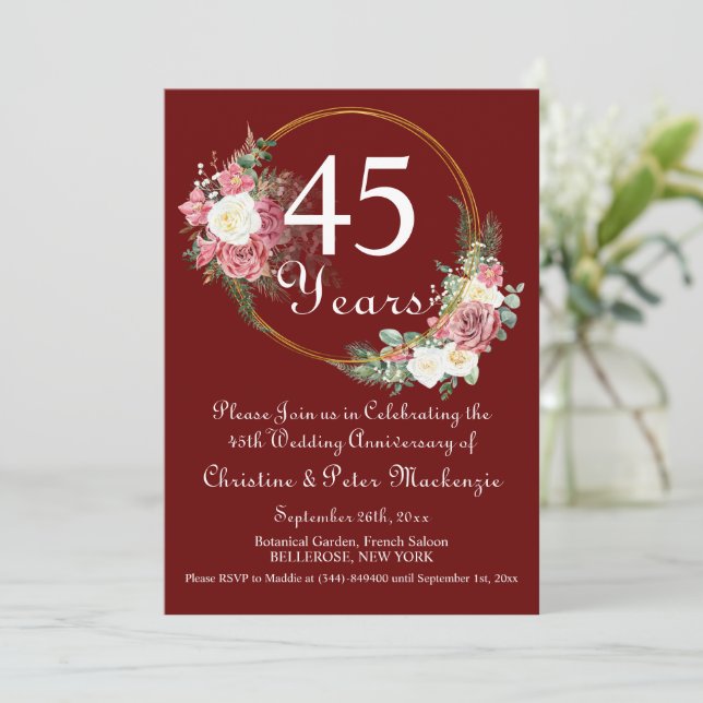 45th Sapphire Wedding Anniversary Roses Gold Frame Invitation (Standing Front)