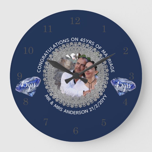 45th Wedding Anniversary - ADD PHOTO Sapphire Blue Large Clock (Front)