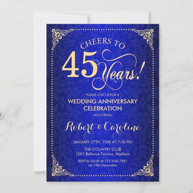 45th Wedding Anniversary - Blue Gold Damask Invitation (Front)