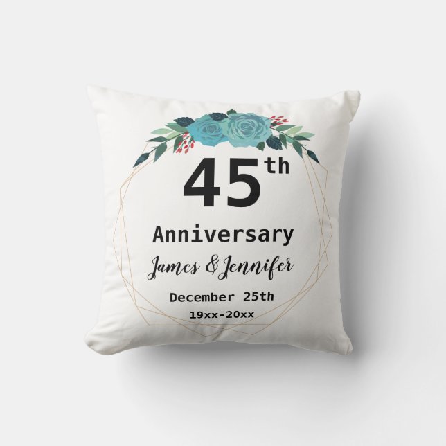 45th Wedding Anniversary Custom Names and Year Throw Pillow (Front)