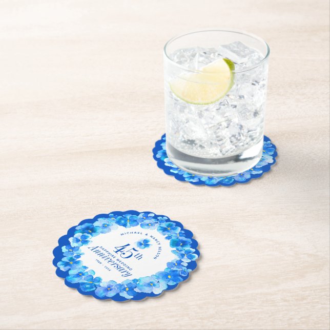 45th wedding anniversary party sapphire blue pansy paper coaster (Insitu)
