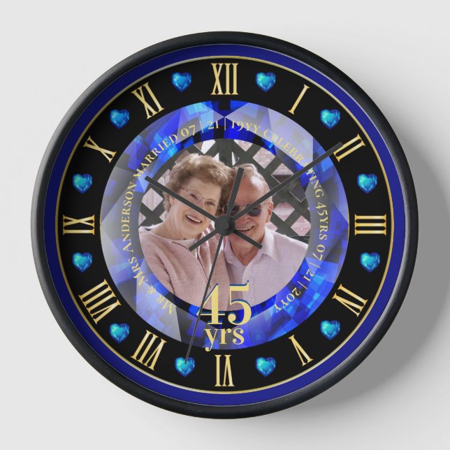45th Wedding Anniversary PHOTO Gift Sapphire Blue Clock (Front)
