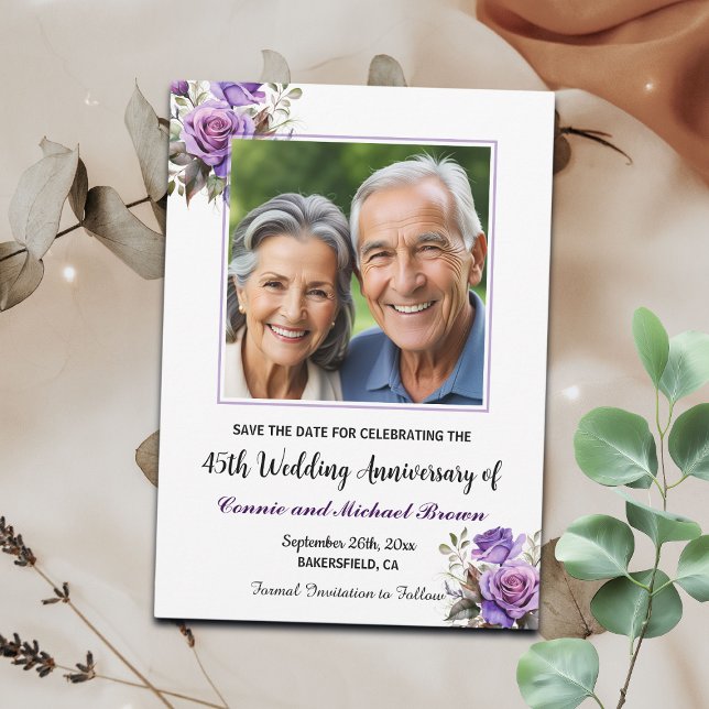 45th Wedding Anniversary Purple Roses Photo Save The Date (Creator Uploaded)