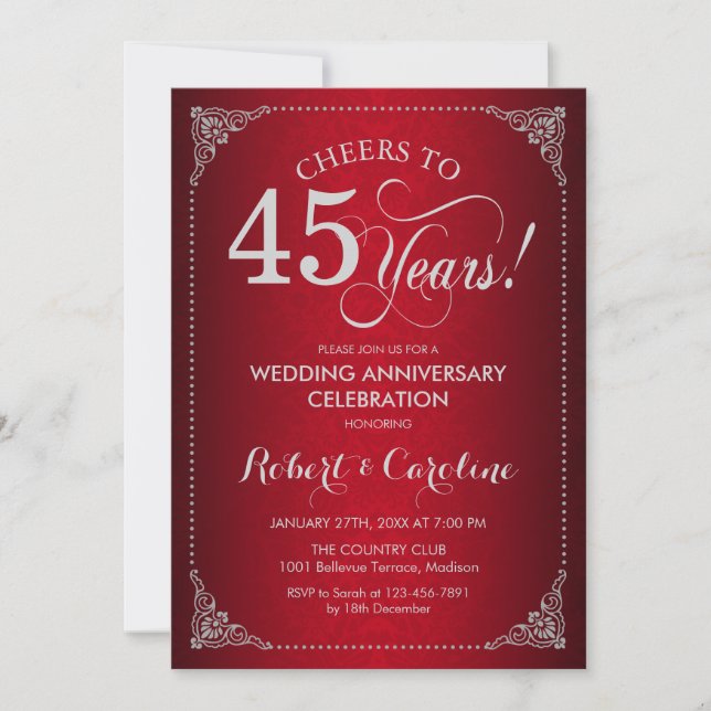 45th Wedding Anniversary - Red Silver Damask Invitation (Front)