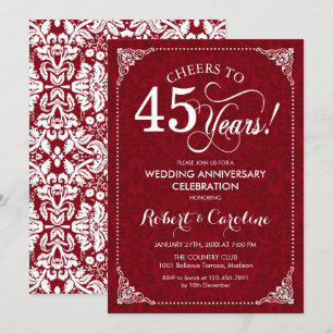 45th Wedding Anniversary - Ruby Red White Damask Invitation