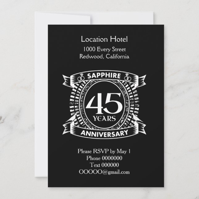 45th wedding anniversary sapphire crest invitation (Back)