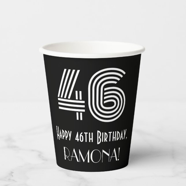 46th Birthday — Art Deco Inspired Look “46” + Name Paper Cups (Front)