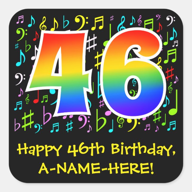 46th Birthday: Colourful Music Symbols, Rainbow 46 Square Sticker (Front)