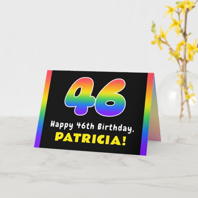 46th Birthday: Colourful Rainbow # 46, Custom Name Card (Yellow Flower)